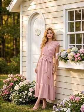 Emma & Michele Dusty Rose Cap SleeveTie-Waist Midi Dress Sz Sm